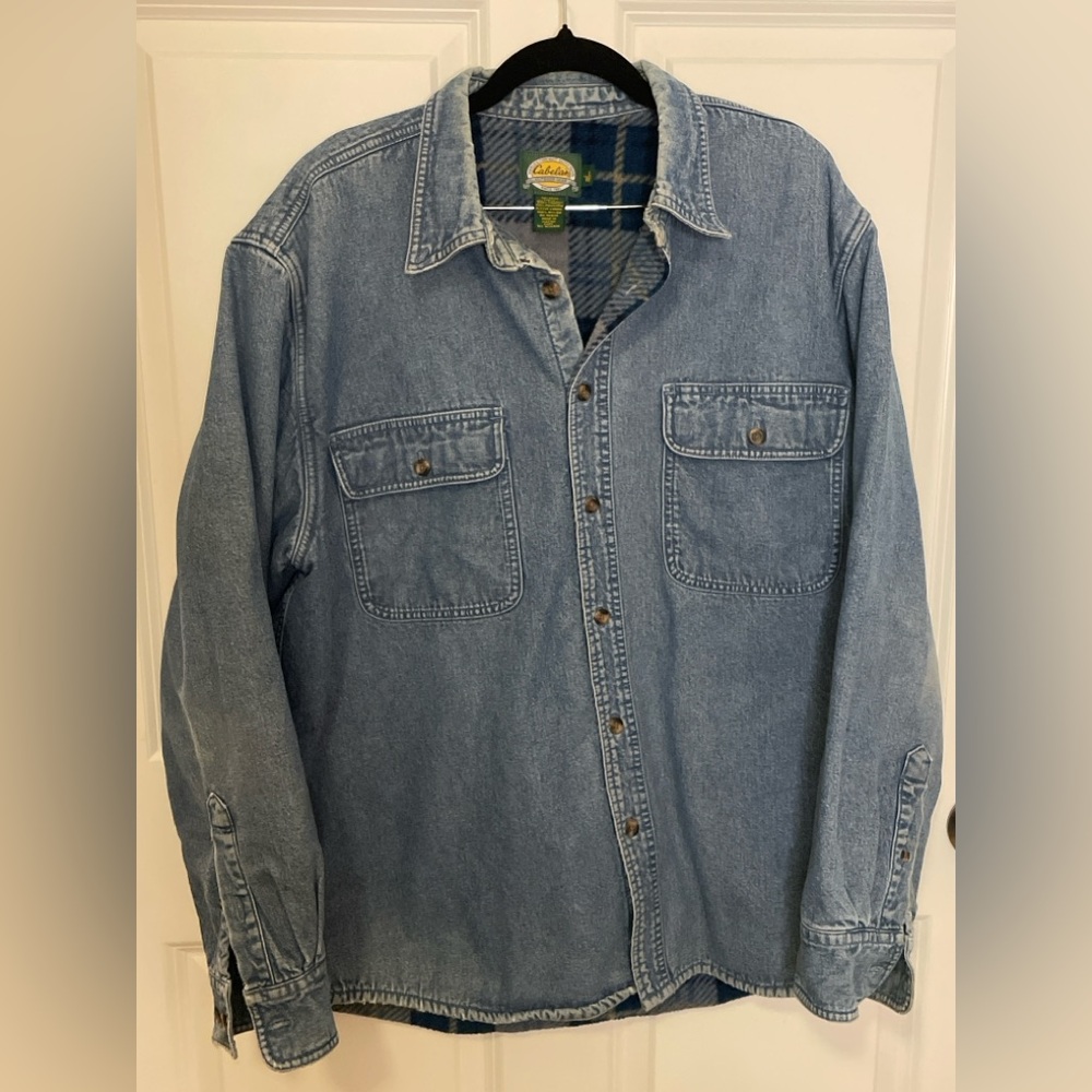 Cabela’s Denim Chore Coat Shirt Jacket Plaid Sherpa Lined Workwear Men’s L - Picture 13 of 13
